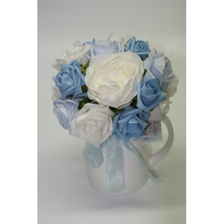 White Ceramic Milk Jug with White and Baby Blue floral arrangement of Peonies and Roses with Ribbon Bow